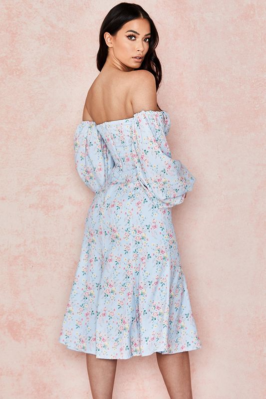 Blue House Of Cb Floral Bardot Midi Dress | RZF-965840