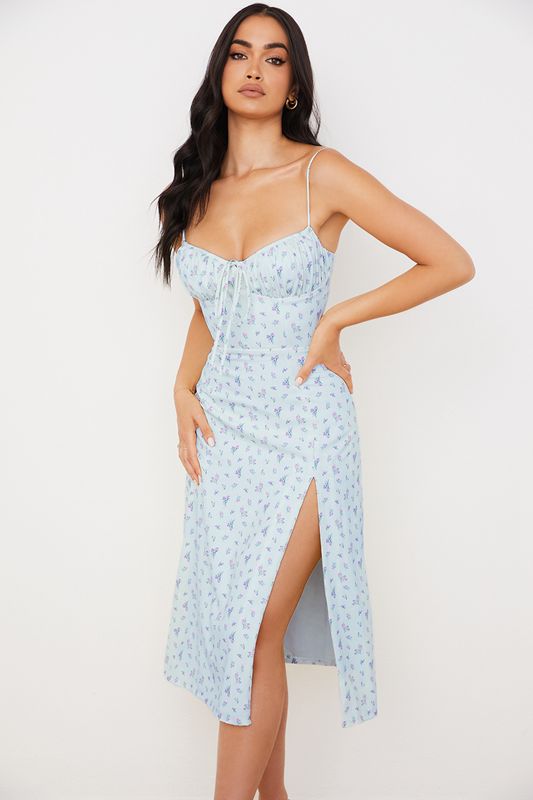 Blue House Of Cb Floral Bustier Midi Dress | NFH-279405