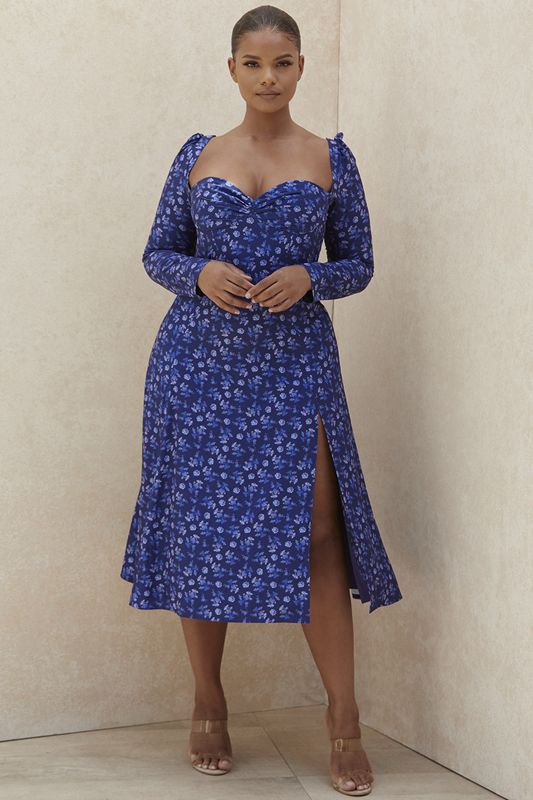 Blue House Of Cb Floral Puff Sleeve Midi Dress | TNS-190845