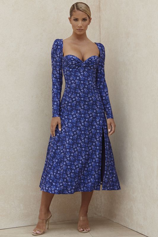 Blue House Of Cb Floral Puff Sleeve Midi Dress | TNS-190845