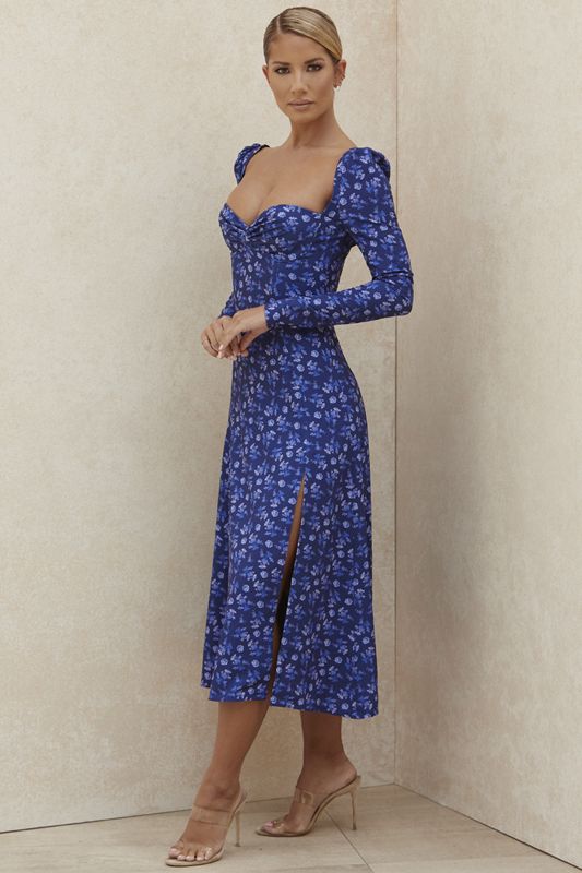 Blue House Of Cb Floral Puff Sleeve Midi Dress | TNS-190845