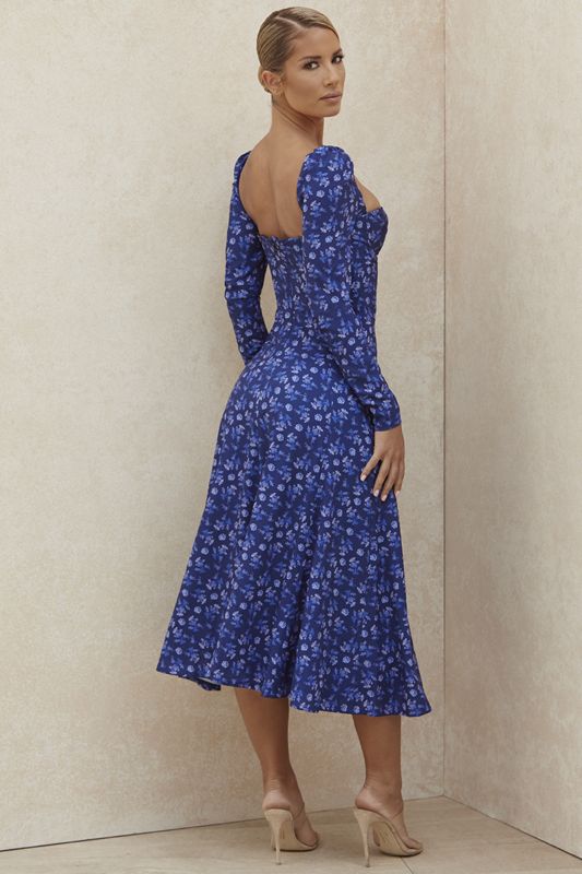 Blue House Of Cb Floral Puff Sleeve Midi Dress | TNS-190845