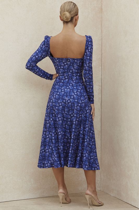 Blue House Of Cb Floral Puff Sleeve Midi Dress | TNS-190845