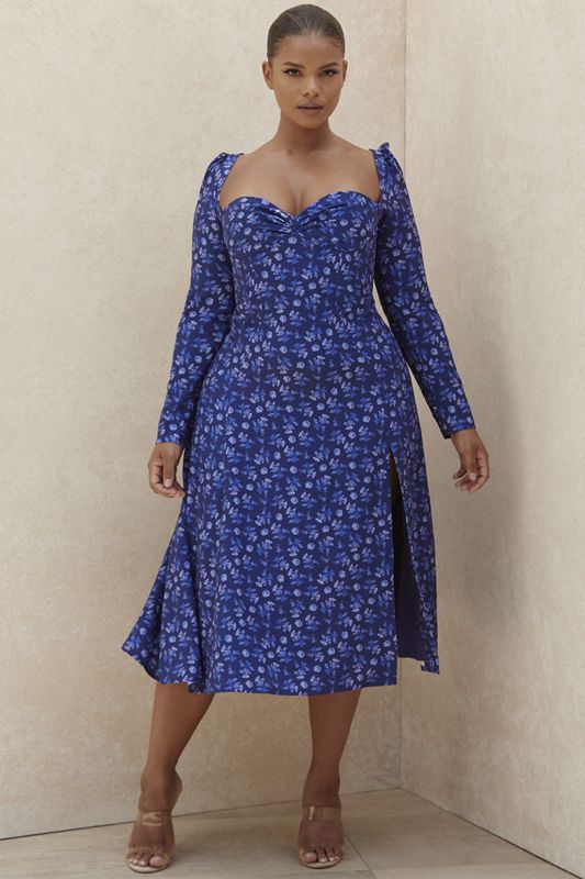 Blue House Of Cb Floral Puff Sleeve Midi Dress | TNS-190845