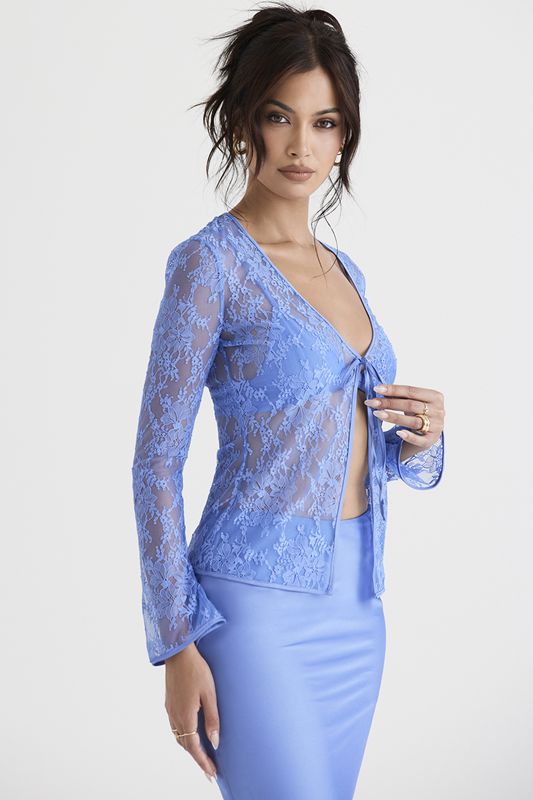 Blue House Of Cb Lace Tie Front Tops | VSH-137962