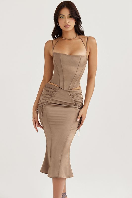 Brown House Of Cb Satin Lace Up Midi  Skirts | VHW-845610