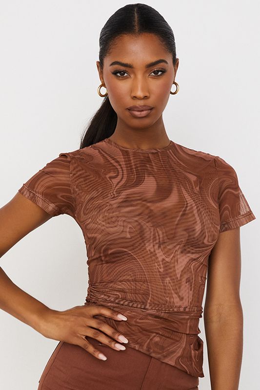 Brown House Of Cb Swirl Print Asymmetric T Shirts | CFU-076921