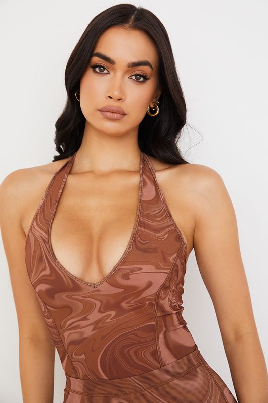 Brown House Of Cb Swirl Print Halter Bodysuit | LZU-654102