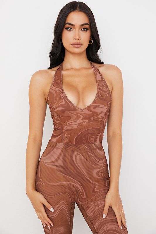 Brown House Of Cb Swirl Print Halter Bodysuit | LZU-654102