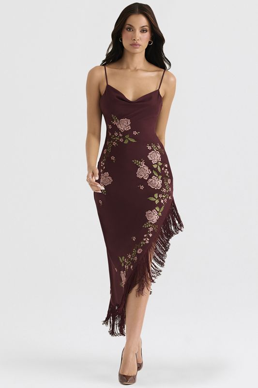 Burgundy House Of Cb Embroidered  Midi Dress | XJF-924175