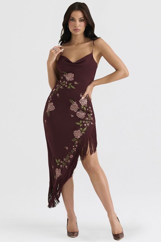 Burgundy House Of Cb Embroidered  Midi Dress | XJF-924175