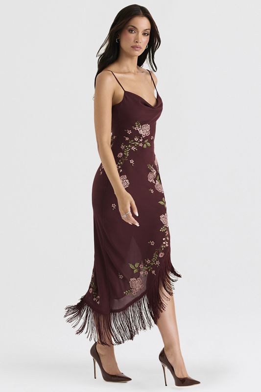 Burgundy House Of Cb Embroidered  Midi Dress | XJF-924175