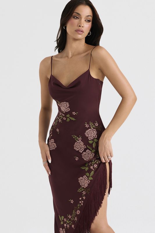 Burgundy House Of Cb Embroidered  Midi Dress | XJF-924175