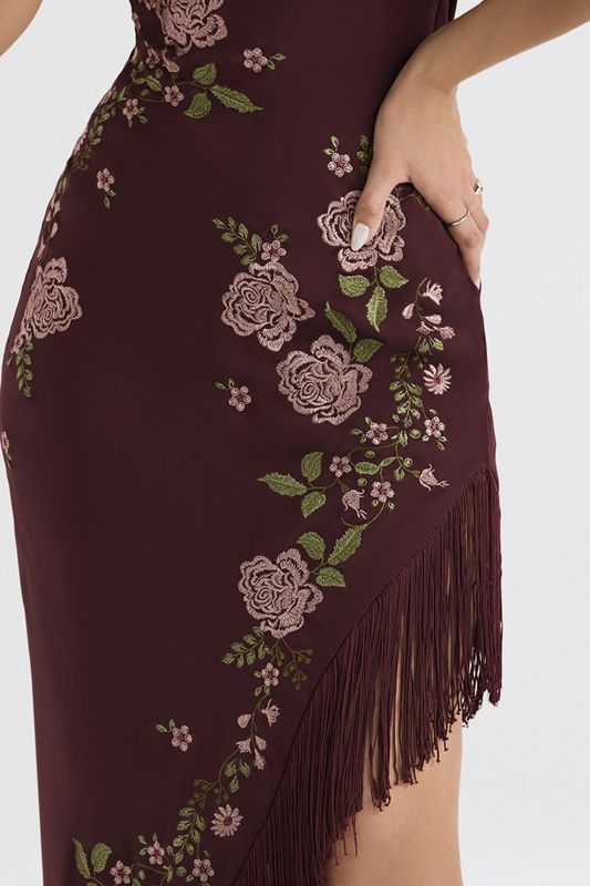 Burgundy House Of Cb Embroidered  Midi Dress | XJF-924175