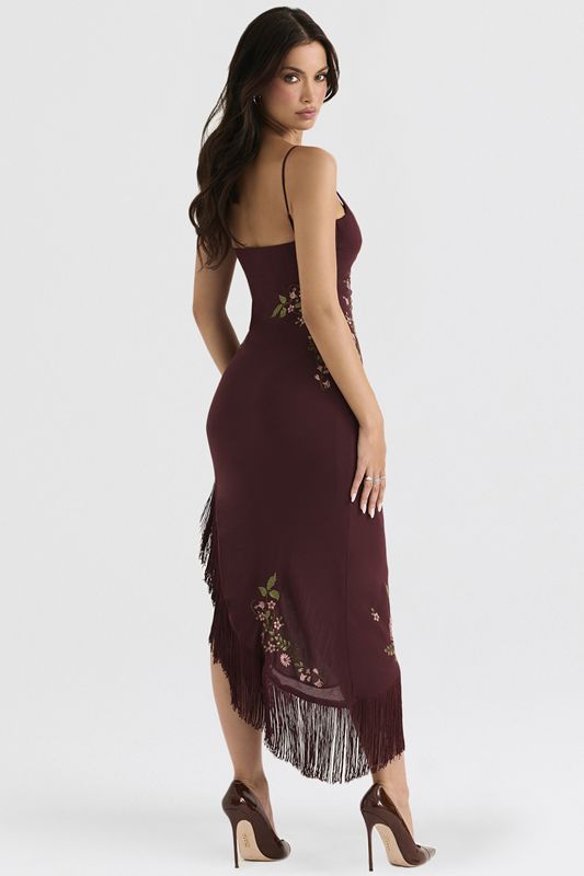 Burgundy House Of Cb Embroidered  Midi Dress | XJF-924175