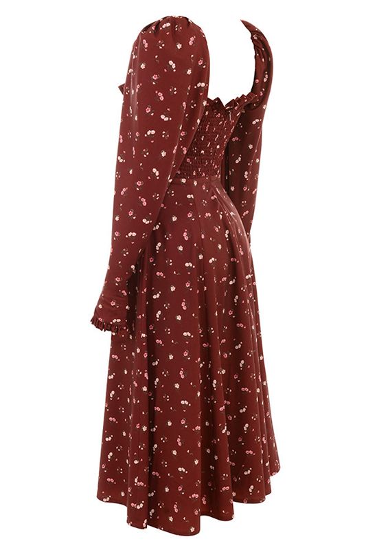 Burgundy House Of Cb Floral Shirred Midi Dress | PYZ-176258