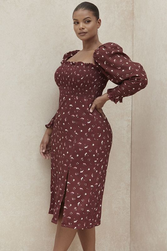 Burgundy House Of Cb Floral Shirred Midi Dress | PYZ-176258