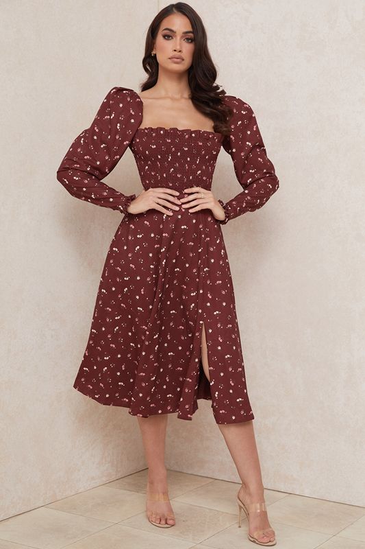 Burgundy House Of Cb Floral Shirred Midi Dress | PYZ-176258