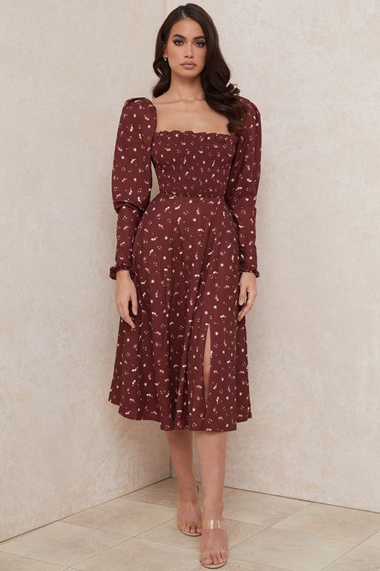 Burgundy House Of Cb Floral Shirred Midi Dress | PYZ-176258