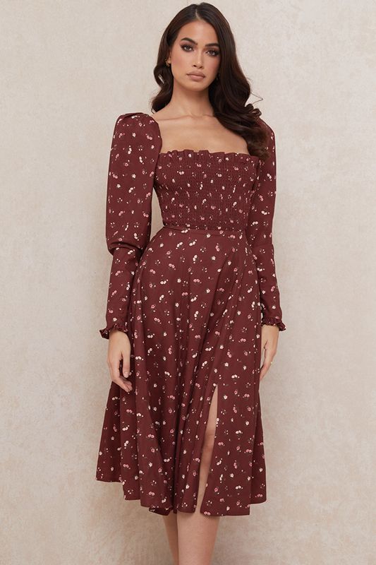 Burgundy House Of Cb Floral Shirred Midi Dress | PYZ-176258