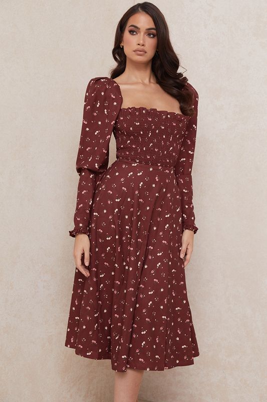 Burgundy House Of Cb Floral Shirred Midi Dress | PYZ-176258