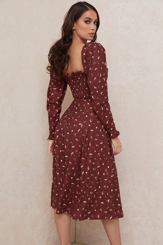 Burgundy House Of Cb Floral Shirred Midi Dress | PYZ-176258