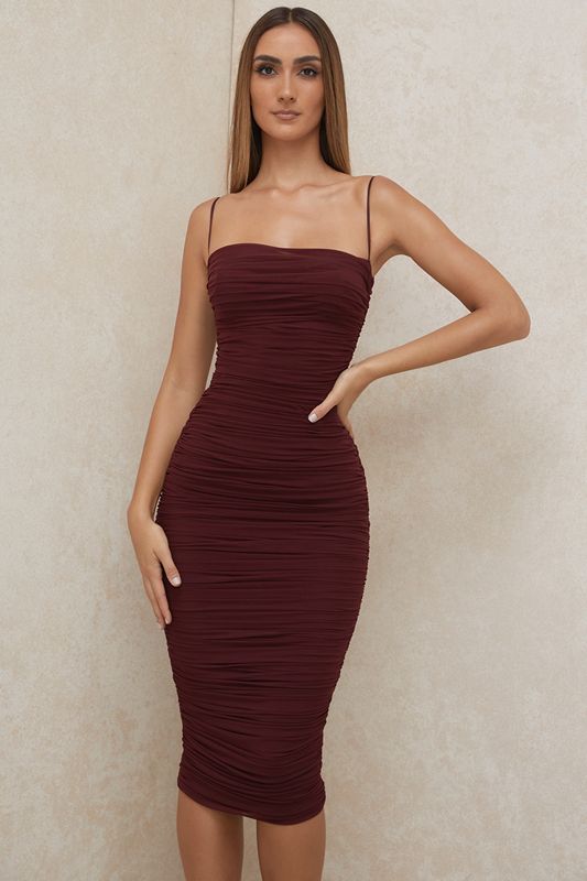 Burgundy House Of Cb Gathered Organza Mesh Dress | FIE-967540