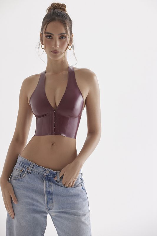 Burgundy House Of Cb Latex Halter Tops | IQM-016298