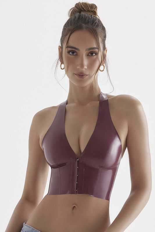 Burgundy House Of Cb Latex Halter Tops | IQM-016298