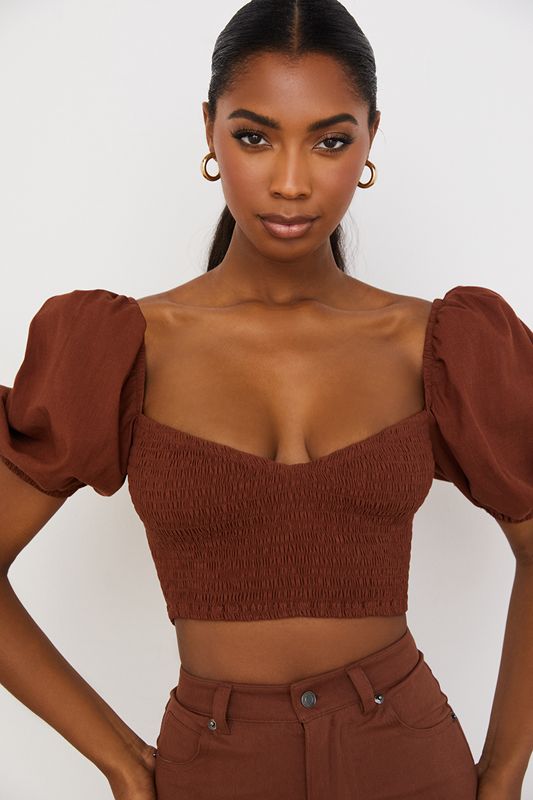 Burgundy House Of Cb Puff Sleeve Cropped Tops | KCD-206358