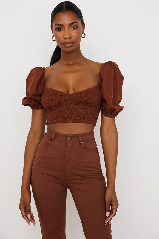 Burgundy House Of Cb Puff Sleeve Cropped Tops | KCD-206358