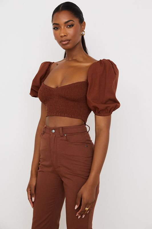 Burgundy House Of Cb Puff Sleeve Cropped Tops | KCD-206358