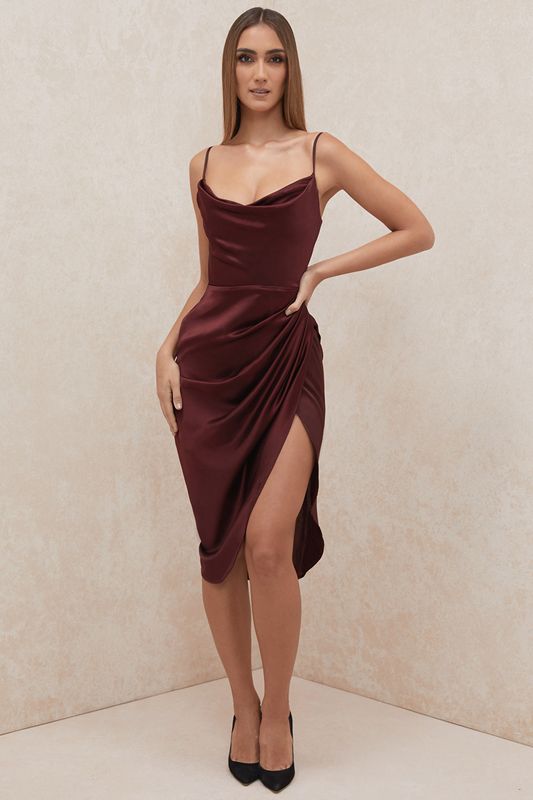 Burgundy House Of Cb Satin Balcony Dress | OWE-183972