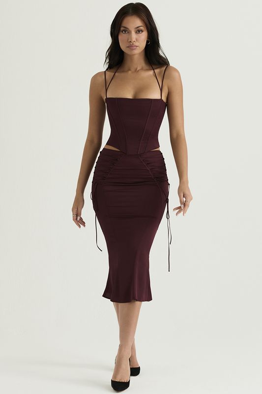 Burgundy House Of Cb Satin Lace Up Midi  Skirts | CIV-714968