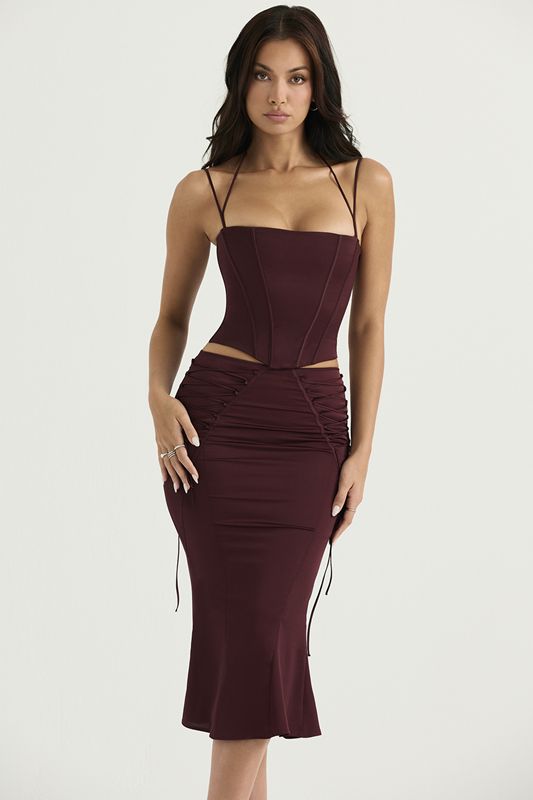 Burgundy House Of Cb Satin Lace Up Midi  Skirts | CIV-714968