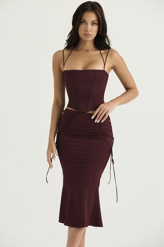 Burgundy House Of Cb Satin Lace Up Midi  Skirts | CIV-714968