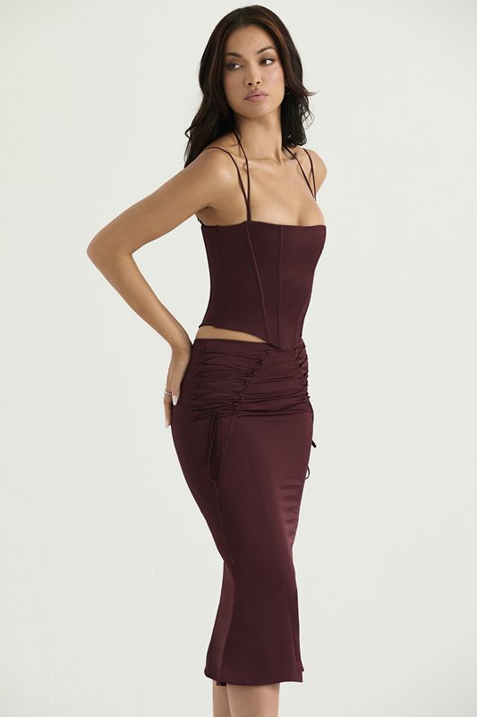 Burgundy House Of Cb Satin Lace Up Midi  Skirts | CIV-714968