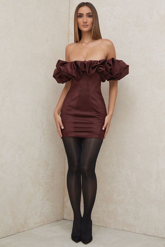 Burgundy House Of Cb Satin Ruffle Strapless Dress | CWT-452783