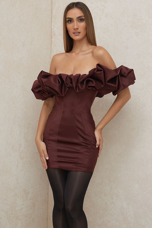 Burgundy House Of Cb Satin Ruffle Strapless Dress | CWT-452783