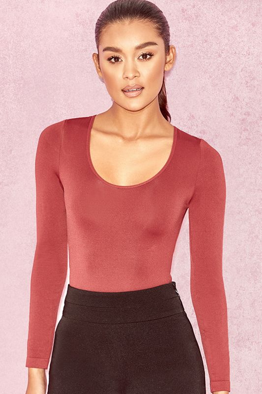 Burgundy House Of Cb Seamless Knit Scoop Neck Stretch Bodysuit | RAZ-310564