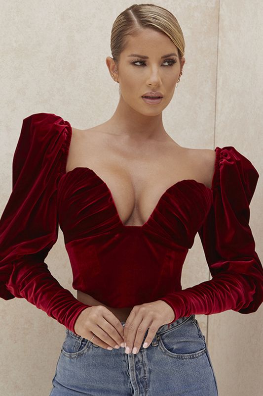 Burgundy House Of Cb Velvet Long Sleeved Corset | DSH-631748