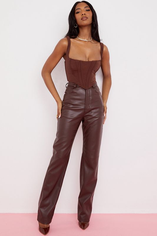 Chocolate House Of Cb Brown Stretch Vegan Leathers  Pants | EJD-738014