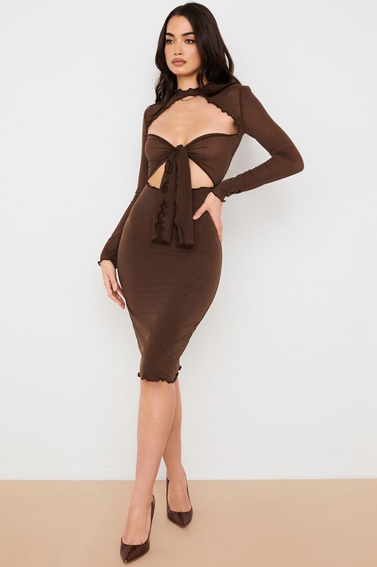 Chocolate House Of Cb Power Mesh Tie Front  Midi Dress | ITB-784365