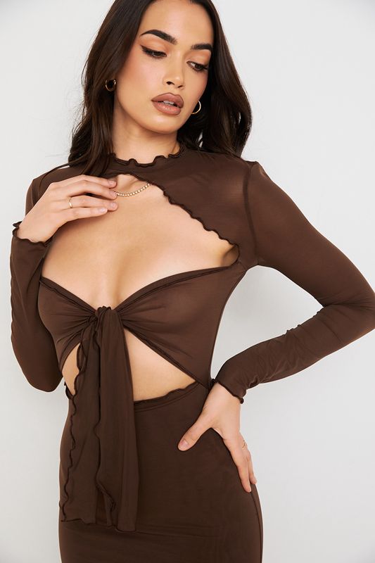 Chocolate House Of Cb Power Mesh Tie Front  Midi Dress | ITB-784365