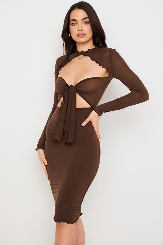 Chocolate House Of Cb Power Mesh Tie Front  Midi Dress | ITB-784365