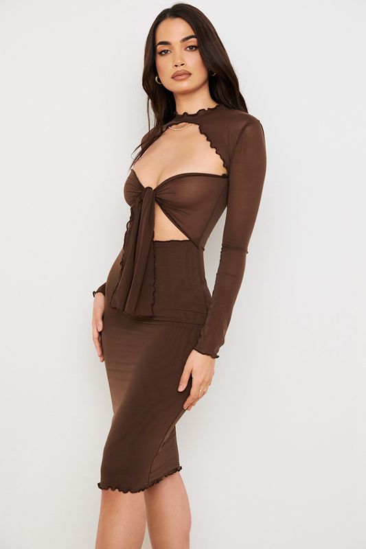 Chocolate House Of Cb Power Mesh Tie Front  Midi Dress | ITB-784365