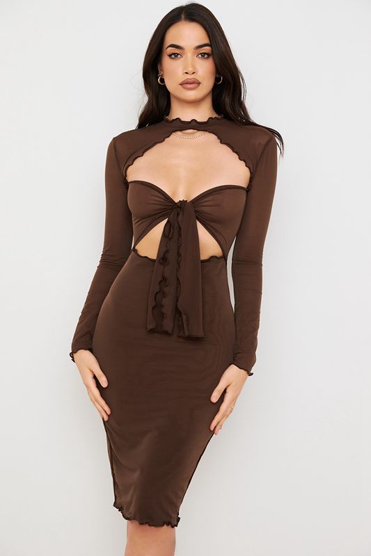 Chocolate House Of Cb Power Mesh Tie Front  Midi Dress | ITB-784365