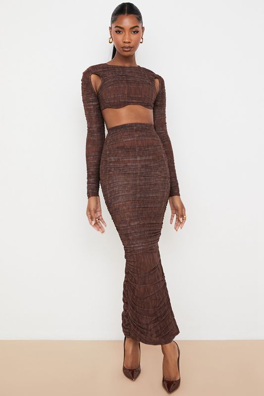 Chocolate House Of Cb Print Ruched Mesh Cutout Cropped Tops | ZGN-851342