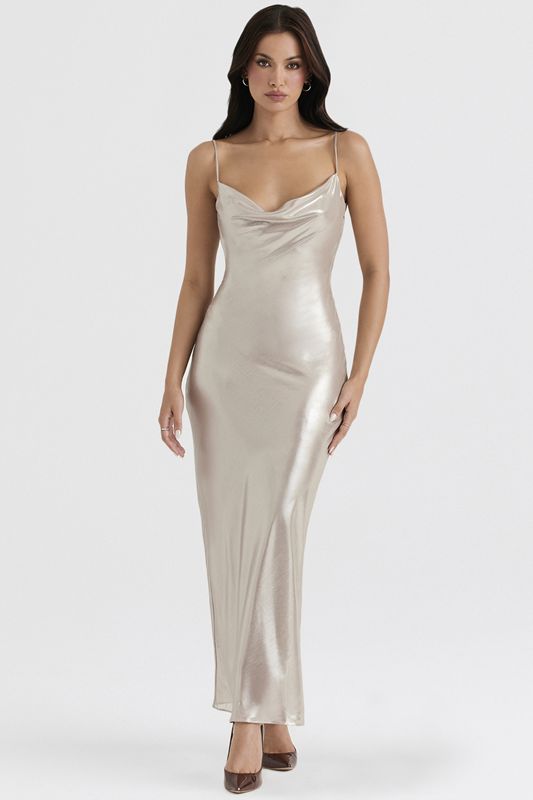 Cream House Of Cb Shimmer Low Back Maxi  Dress | EHT-908675