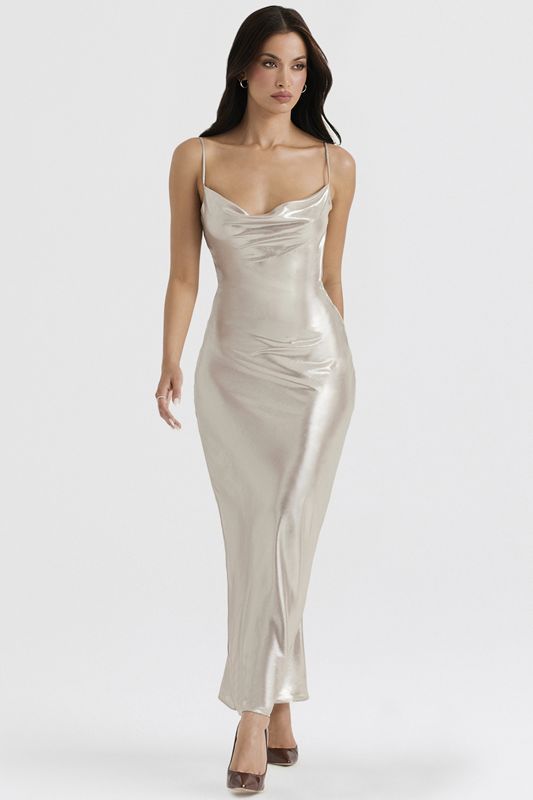 Cream House Of Cb Shimmer Low Back Maxi  Dress | EHT-908675